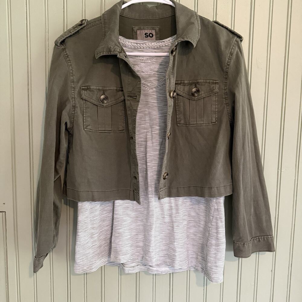 So Women's Large Army Green Cargo Cropped Jacket Boxy Cotton Gorpcore Utility